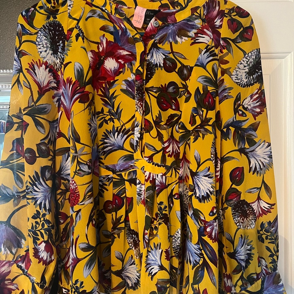 J Crew Floral Yellow Long Sleeve Blouse